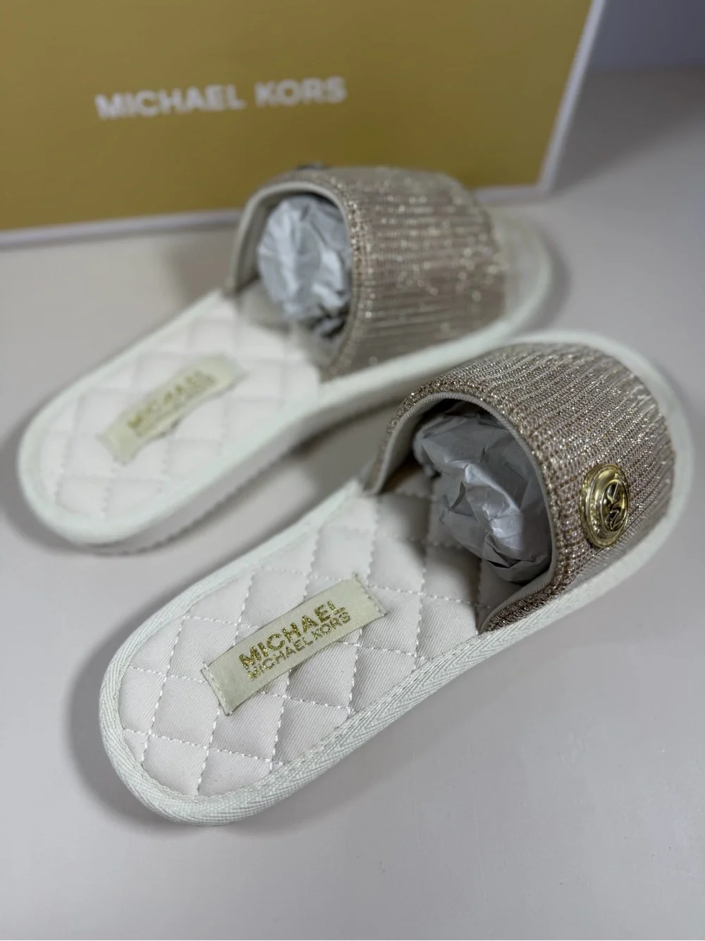 Michael Kors Gold Glitter Quilted Slide Sandals